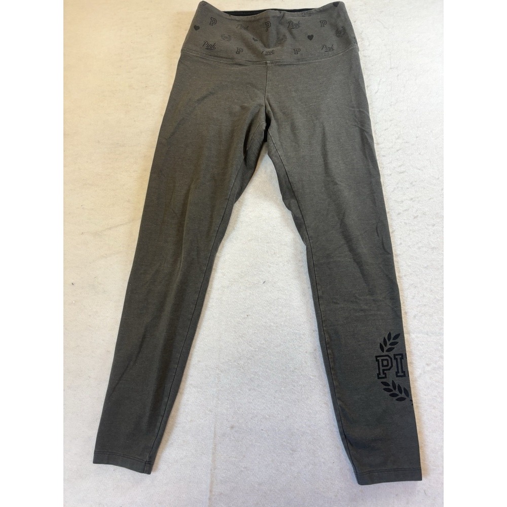 Victoria Secret PINK Yoga Leggings Sz M Gray Logo Waist Band Foliage Leg Y2K